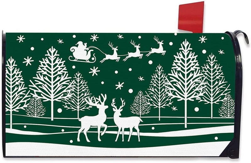 FBCOO Green Christmas Mailbox Cover Magnetic Standard Size 20.5" x 18", Xmas Tree Reindeer Santa Claus Decorative Post Letter Box Wrap Decor, Winter Holiday Snowflake Garden Yard Outdoor Decoration - Image 1